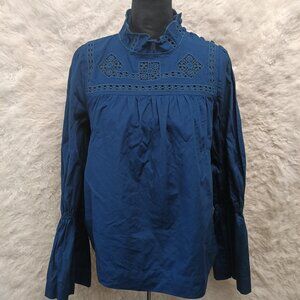 Free People Women Teal Blue Another Eternity Crochet Mock Neck Bell Sleeve Top M